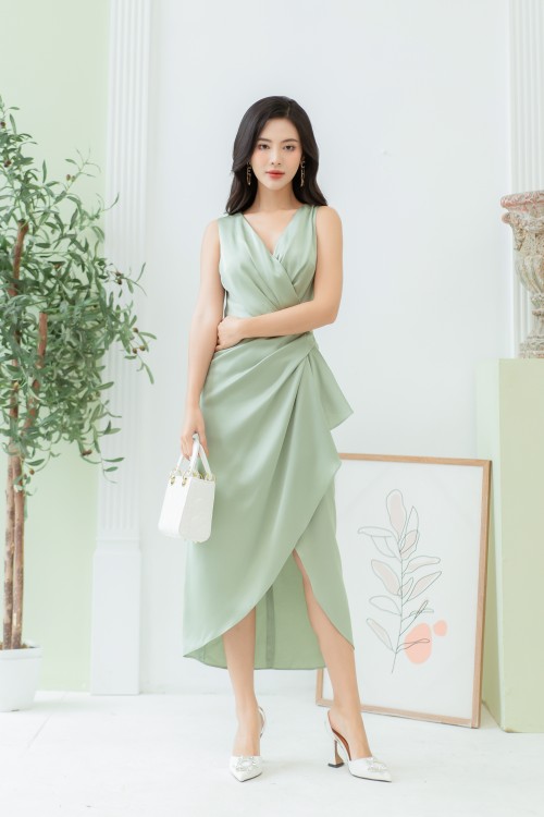 Sixdo Green Midi Silk Dress 1